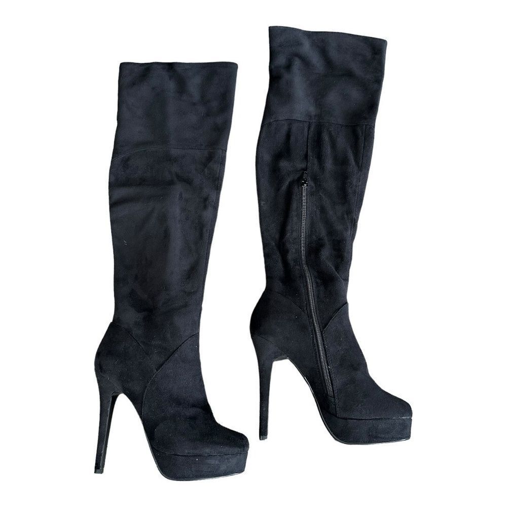 Fredrick's of Hollywood Womens Thigh High Black Faux Suede Heeled Boots Shoes 6